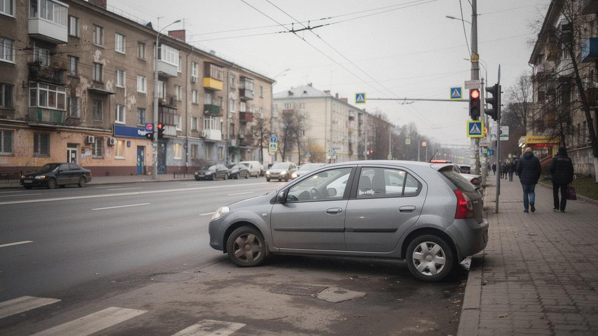 Compact economy rental car parked at the kerb on a Kyiv city street